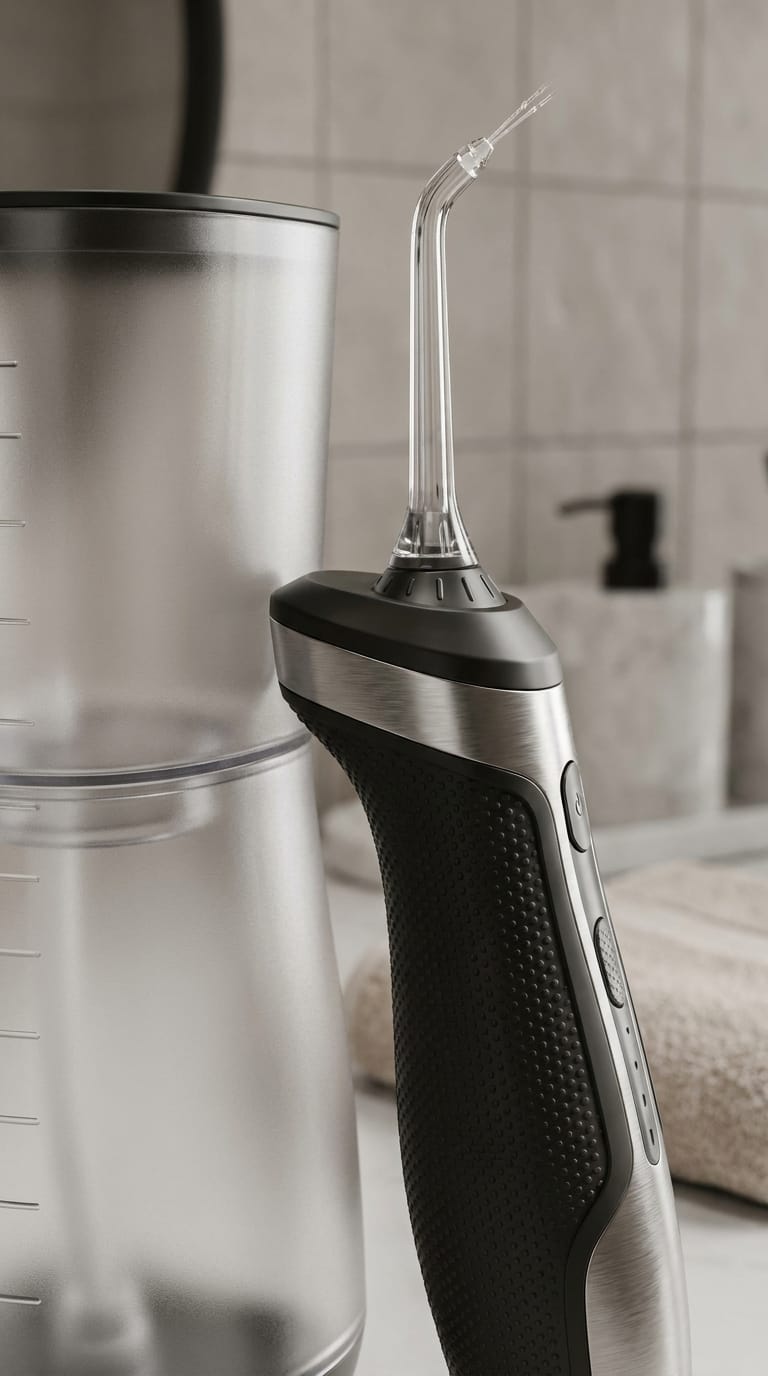 Close-up detail shot of best water flosser for beginners, showing texture and build quality, macro photography, professi