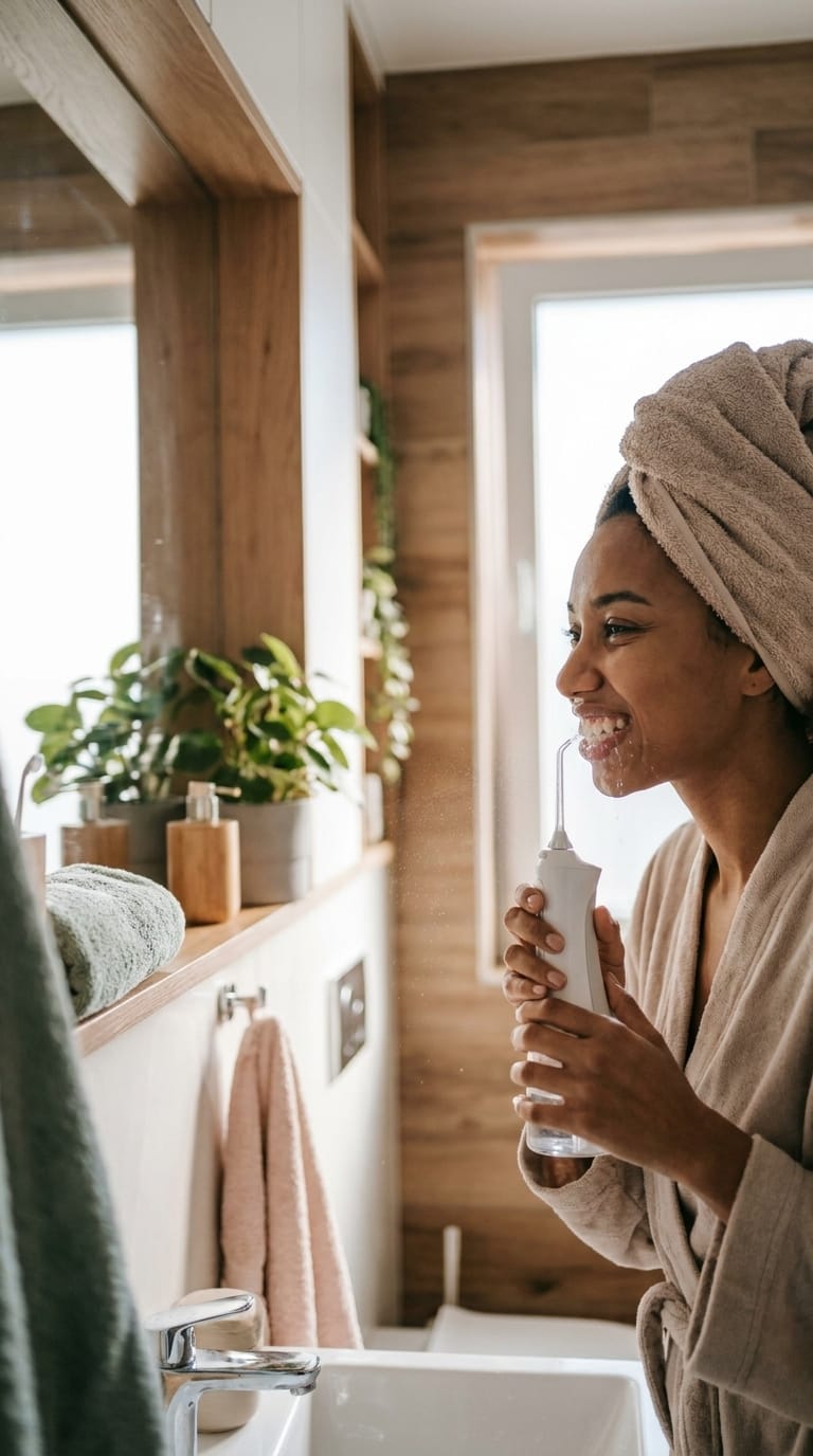 best water flosser for beginners being used in a real home environment, candid lifestyle shot, natural lighting, cozy mo