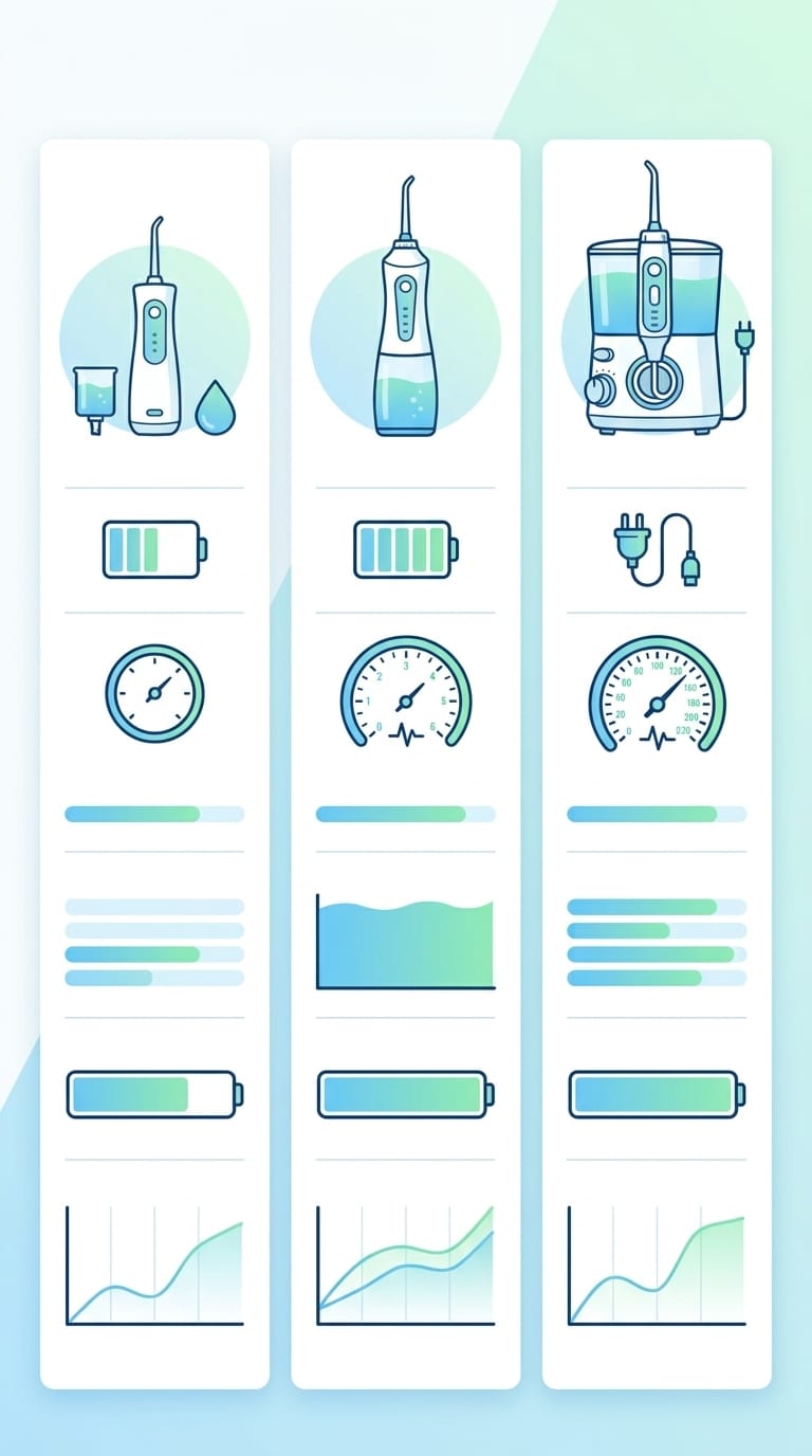 Infographic-style comparison of best water flosser for beginners features, clean minimalist design, data visualization,
