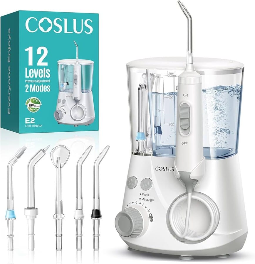 Amazon.com: COSLUS E2 Advanced Water Flosser for Teeth: 2 Modes & 12 Pressure Settings Electric Dental Pick for Orthodontic, Braces, Sensitive Gums - Home Use, āā5 Jet Tips for Multiple Users, Family,